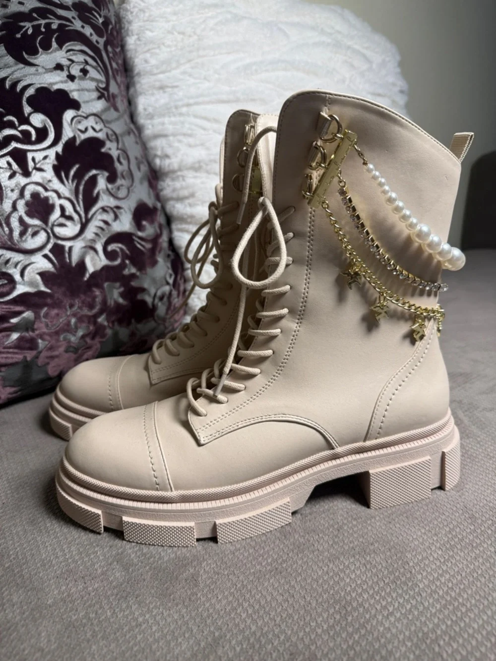 Beige Lace-Up Platform Combat Boots with Pearl & Gold Chain Detail - Picture 2 of 11